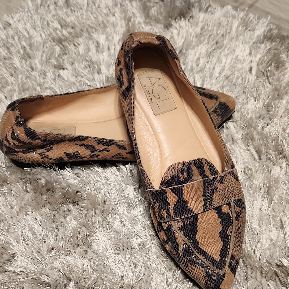 AGL Tan and Black Snake Pattern Loafers